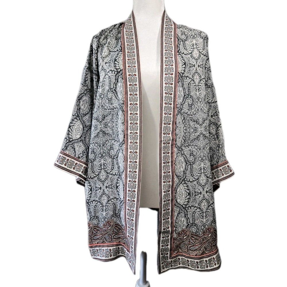 MAX STUDIO Womens Large Black & Red Paisley OPEN FRONT KIMONO Boho Hippie NWT